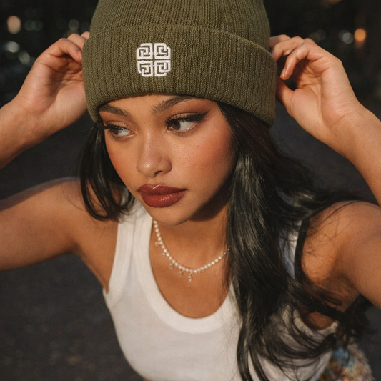 Olive Knot Ribbed Knit Beanie